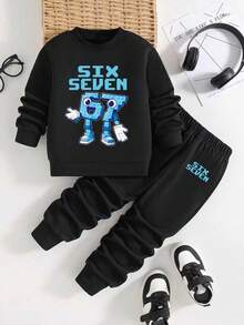 Young Boy Letter & Number Print Long Sleeve Sweatshirt And Sweatpants Casual Daily Outfit - Black - View 1