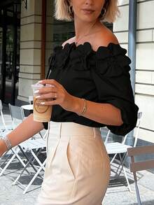 New Elegant Off-Shoulder Shirt With Solid Color 3D Floral Print - Versatile For Women - Spring/Summer - Black - View 4