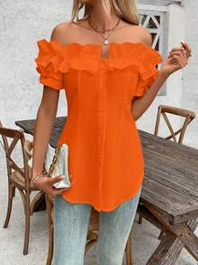 Talla Grande - Talla Grande - Camiseta de Mujer de Talla Grande, Color Sólido, Volantes y Hombros Descubiertos, Manga Corta - Naranja - Ver 4