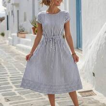 jianchaimaoyi02  Vestido largo casual de mujer con cintura ceñida y rayas, para verano - Verde pastel - Ver 4