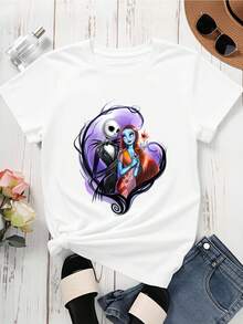 Disney Women Casual T Shirt  Black Jack Skellington And Sally Print Summer Outfit - 白色 - 查看 3