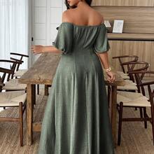 yonghongmaoyi1  Vestido de línea A con hombros descubiertos y ribete de contraste en la cintura, adecuado para uso diario y vacaciones, talla grande, primavera/verano - Marrón - Ver 11