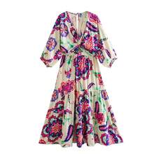 Vestido Largo con Estampado Floral, Cuello en V, Poliéster, Primavera 2025, Ropa Casual para Mujer, Estilo Básico, Falda Esta...2026 - Color de la imagen - Ver 1