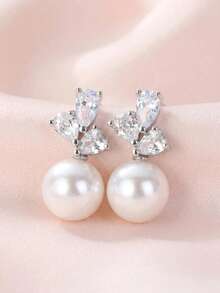 1pair Stud Earrings Women Wedding Party Valentine's Day Minimalist Faux Pearl Rhinestone Elegant Silver - Multicolor - View 2