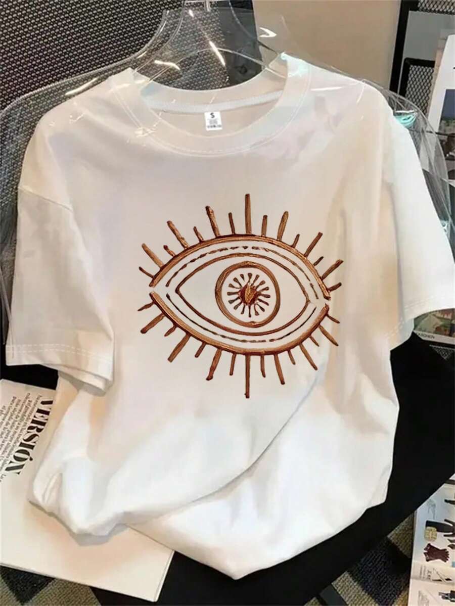 Top de manga corta con cuello redondo para mujer, con un ojo formado por palos y mazas. Top estampado de manga corta, ideal para todas las estaciones. - Blanco - Ver 1