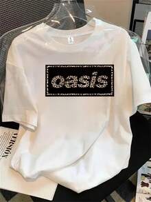 Top de mujer de manga corta y cuello redondo con estampado de horquilla de leopardo, ideal para todas las estaciones. - Blanco - Ver 1