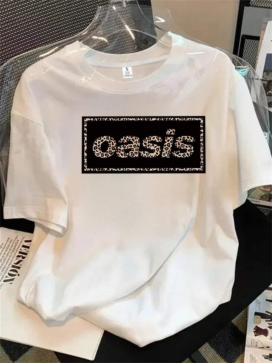 Top de mujer de manga corta y cuello redondo con estampado de horquilla de leopardo, ideal para todas las estaciones. - Blanco - Ver 1