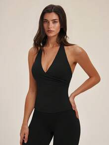 TimeOff Women's One Set Halter Neck V-Neck Criss-Cross Wrap Design Backless Tank Top Tummy Control Butt Lifting Mid-Length Shorts Sports Set - Black - View 9