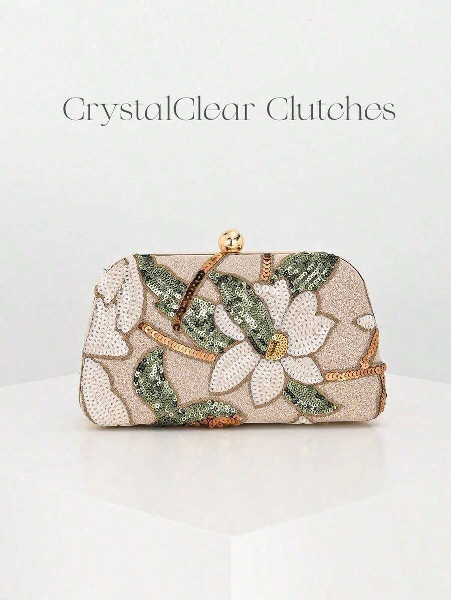 Vintage Champagne Sequin Floral Clutch Bag,Luxury Bag,Designer Inspired Handbag, For Wedding Party Bridesmaid Gift, Gold Clutch Purse,Vacation Purse - 金色 - 查看 1