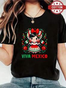 Casual Blouses For Women, Black T-Shirt With Cute Mexican Doll And Phrase "Viva Mexico", Ideal For Patriotic Holidays And National Pride, Comfortable Cotton Women's Tops. - 黑色 - 查看 1