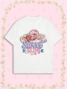 SHEIN X Strawberry Shortcake 女款夏季T恤，可愛「Sweet Dreams」印花寬鬆休閒短袖，適合日常穿搭與甜美女孩風 - 白色 - 查看 1