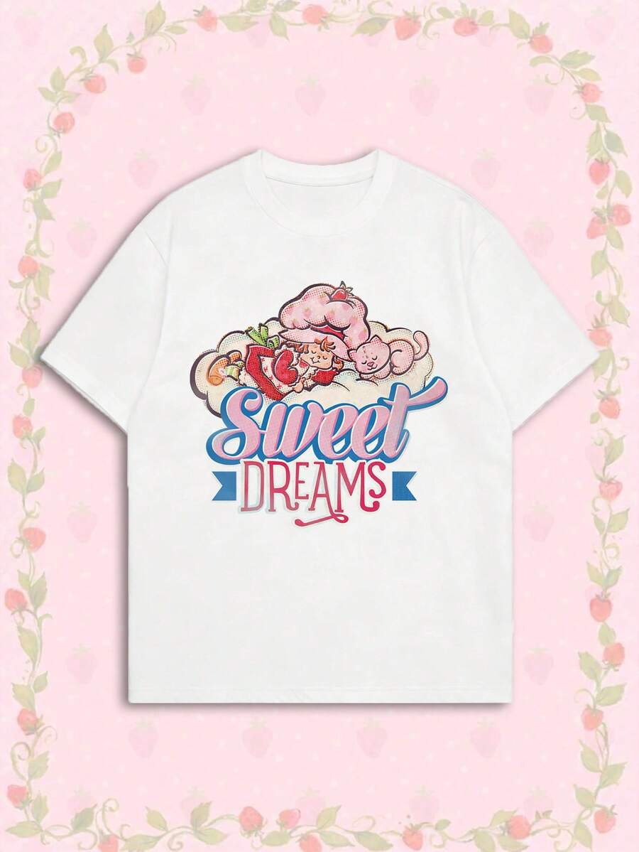 SHEIN X Strawberry Shortcake 女款夏季T恤,可愛「Sweet Dreams」印花寬鬆休閒短袖,適合日常穿搭與甜美女孩風 - 白色 - 查看 1