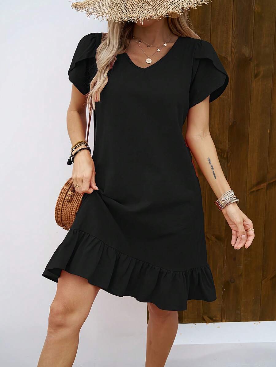 Vestido de Mujer con Cuello en V, Mangas de Concha y Volantes - Negro - Ver 1