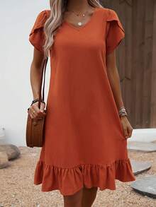 Women's Dress With V-Neck, Shell Sleeves And Ruffles - Dark Blue - View 4
