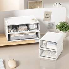 Caja de almacenamiento de escritorio estilo cajón minimalista, diseño apilable de múltiples compartimentos, adecuada para cosméticos, artículos de papelería y documentos de oficina, perfecta para dormitorios, tocadores y oficinas en casa, organizador de escritorio esencial para la vuelta a la escuela - Blanco - Ver 4