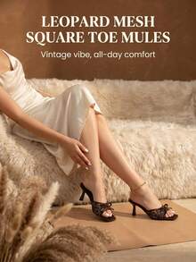 Sandal cao gót nữ form rộng thời trang đa năng cho ngày Valentine, phong cách thanh lịch đi tiệc và dạ tiệc, mũi vuông hở ngón, hở lưng, họa tiết da báo, nhiều lớp voan tulle phối nơ, kiểu xỏ chân, màu nâu cà phê, chất liệu vải - Cà phê nâu - Xem 4