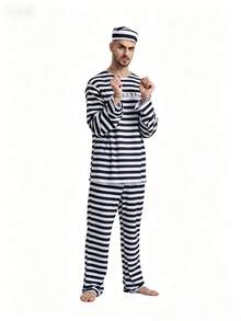 1 Set Uniforme de prisionero de estilo anime para Halloween, disfraz clásico de raya de convicto para actuación en el escenario para hombres - Blanco y Negro - Ver 3