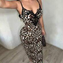 guangzhougaolangshangmao   Vestido ajustado de mujer con estampado de leopardo y encaje en parches - Multicolor - Ver 1