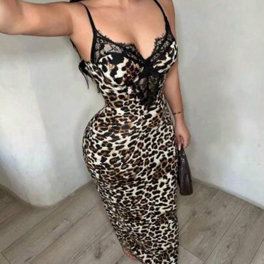 guangzhougaolangshangmao Vestido ajustado de mujer con estampado de leopardo y encaje en parches - Multicolor - Ver 1