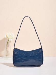 Women's Glossy Crocodile Embossed Minimalist Shoulder Bag - Blue - View 1