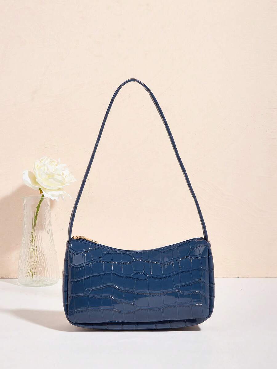 Women's Glossy Crocodile Embossed Minimalist Shoulder Bag - Blue - View 1