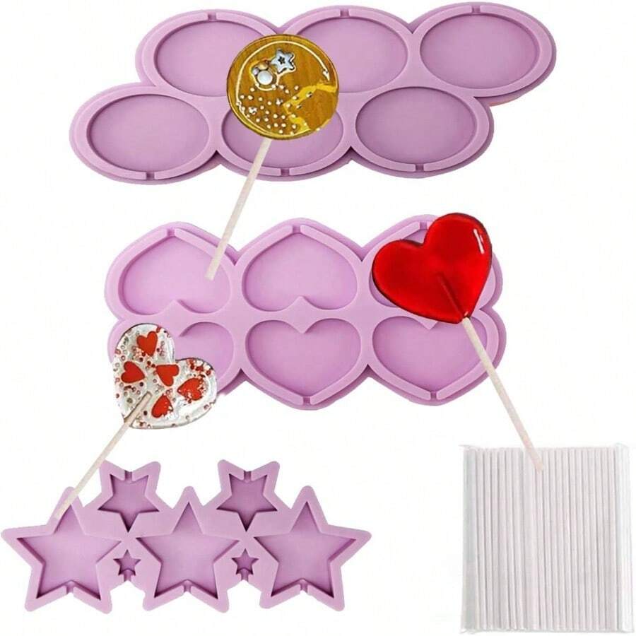 3 moldes de silicona para caramelos con palitos de piruleta, moldes de silicona para chocolate - Púrpura - Ver 1