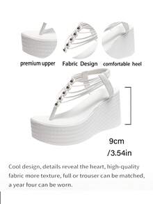 Women's Beaded Toe-Post Wedge Sandals With Elastic Strap, Versatile Summer Casual Party Commute Sandals - White - View 8