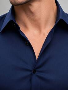 Men's Formal Solid Color Long Sleeve Single-Breasted Commuter Shirt - Navy Blue - View 7