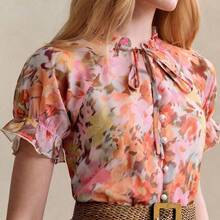 xuehuamaoyi02  Vestido corto con estampado floral, manga corta con volantes y bajo con volantes de gasa para mujeres - Púrpura malva - Ver 6
