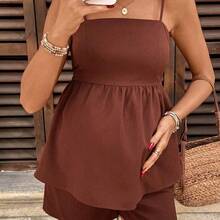 WNSS  Conjunto de 2 piezas de camiseta sin espalda con lazo y shorts de unicolor casual para maternidad - Negro01 - Ver 6