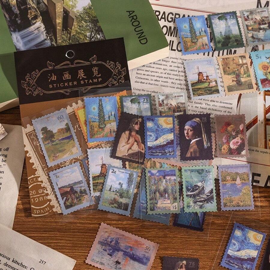4pcs Vintage Postage Stamp Series Sticker Pack, Artistic Decorative Stickers For Scrapbooking, Planner, Journaling, DIY Arts And Crafts - 4 Sheets - View 1
