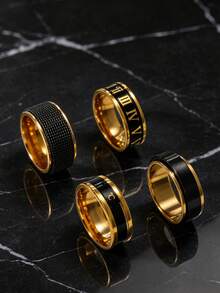 4pcs Fashion Gothic Stainless Steel Men's Multi-Color Ring Set With Mesh Temperature Roman Letter Matte Rotating Elements, Suitable For Men's Daily Wear And Holiday Accessories - Multicolor - View 2