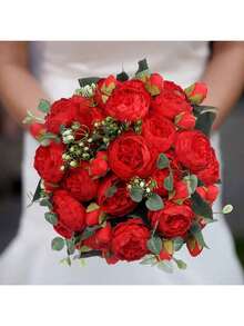 1/3 Bunch Artificial Peony Flowers, Fabric Floral, Faux Peony Bouquet, Bulk Artificial Peonies, For Vase Decoration, Floral Arrangement, Wedding, Home, Party, Tabletop, Centerpiece - Red - View 2