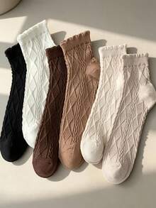 6 Pairs Women's Short Socks, Comfortable Versatile Twisted Cable Knit Cuff, Autumn/Winter Style - Multicolor - View 1