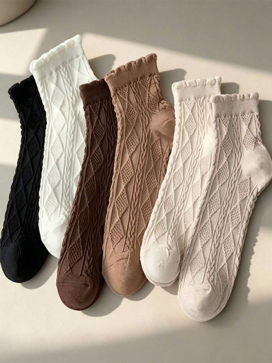 6 Pairs Women's Short Socks, Comfortable Versatile Twisted Cable Knit Cuff, Autumn/Winter Style - Multicolor - View 1