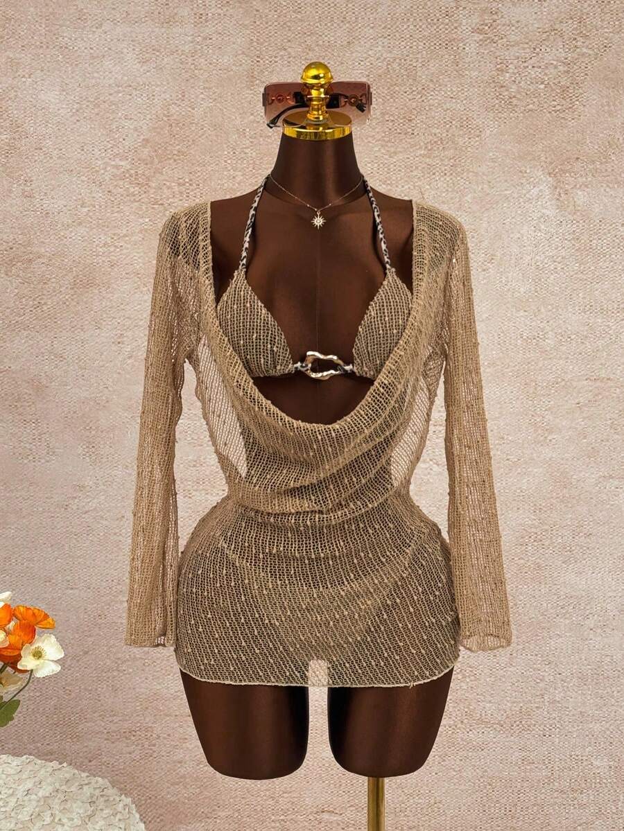 Vaytide Conjunto de bikini con escote pronunciado para mujer, adecuado para vacaciones, sesión de fotos, natación, aguas termales, playa, fiesta en la piscina, protección solar, decoración con cuerda, accesorios metálicos, serie negra - Multicolor - Ver 1