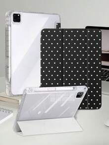 波點黑色平板保護殼，相容 iPad Mini6/Mini7/Air/Air2/9.7/10.2/10.5/10.9 (Air4-Air8)/Pro 11/10th Gen/A16/Pro 11 2024 機型，彩繪圖案平板殼配透明壓克力背殼，三折支架，自動休眠/喚醒，內建筆槽，不含筆，部分機型附相機框 - 黑與白 - 查看 5