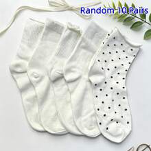 1/4/5/10 Đôi tất nữ dễ thương họa tiết chấm bi bèo nhún thoải mái thường ngày cao đến bắp chân, màu trắng, thoáng khí và mềm mại, phù hợp cho trường học và mặc hàng ngày, màu ngẫu nhiên, phù hợp cho mùa xuân, mùa hè, mùa thu, mùa đông - Nhiều màu - Xem 19