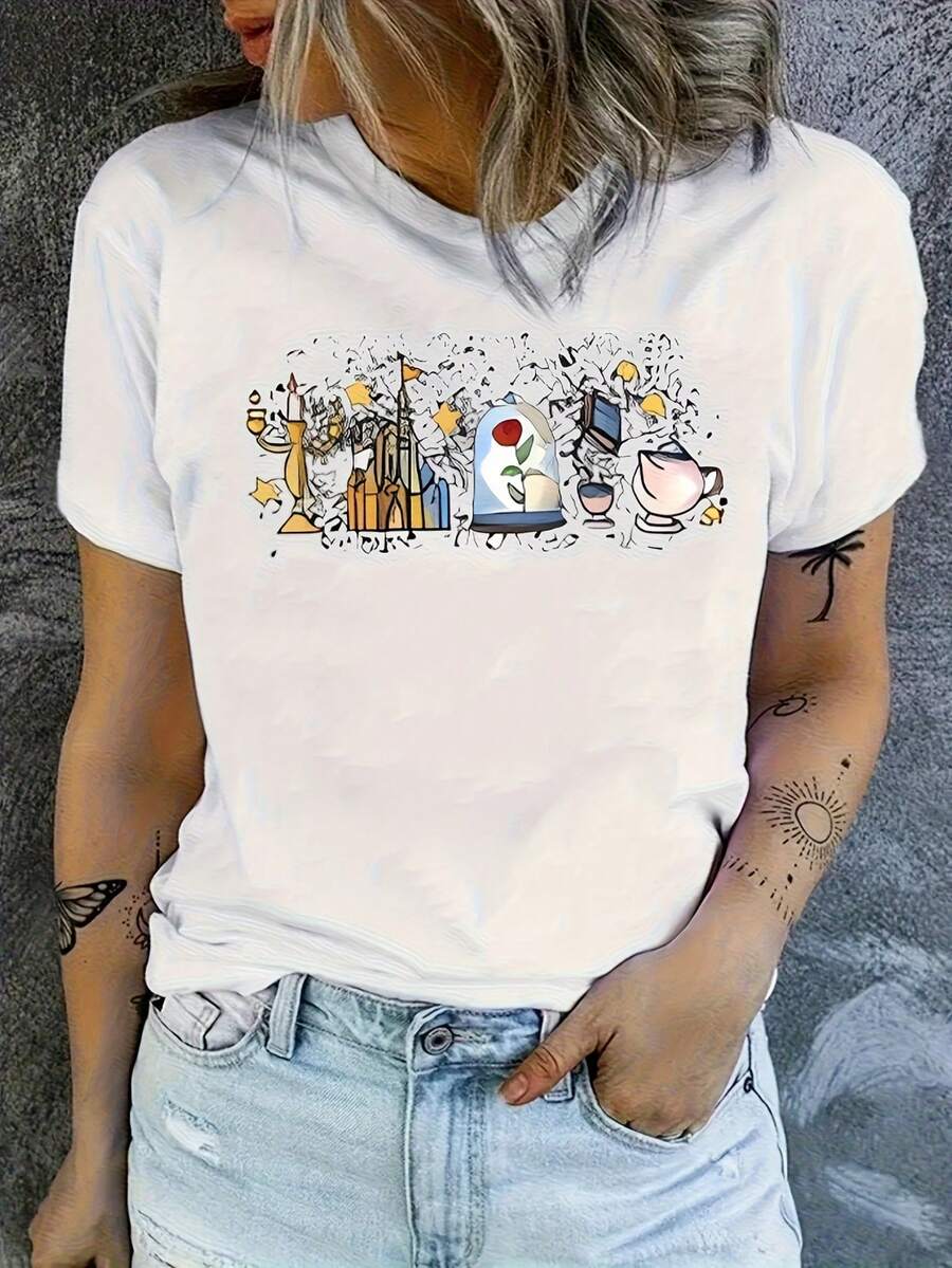 Women's White T-Shirt - Soft And Breathable, Short Sleeve, Round Neck, With Cherry Blossom, Mountain And Sushi Print - Casual Summer Outfit, Cultural Gift Idea (Non-Elastic Waijia Design) - 白色 - 查看 1