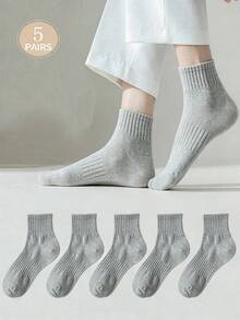 5雙女款白色與灰色透氣吸汗短襪，簡約休閒四季通用運動襪 - 白色 - 查看 12