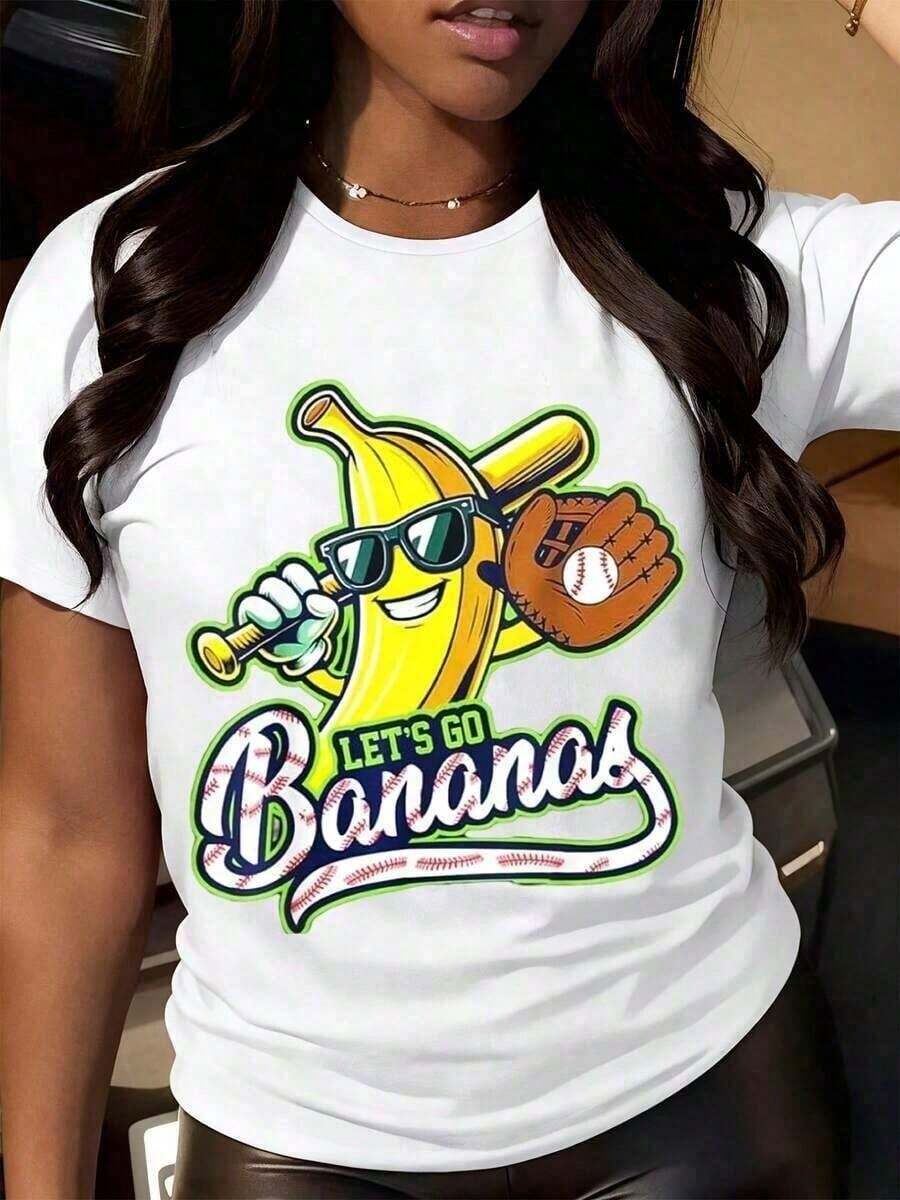 1 Piece Casual Fashion Men's And Women's Baseball T-Shirt "Let's Go Bananas" - Funny Graphic T-Shirt With Banana, Sunglasses, And Bat For Women And Men, Casual Sportswear, Team Spirit Clothing - Unisex Cotton Loose Short-Sleeve Crew Neck T-Shirt, Versatile, Easy To Match, Suitable For Daily Wear, Urban Style, Holiday Outfits, Weekend Outfits. - 白色的 - 查看 1