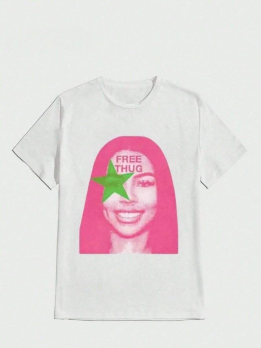 Camiseta con Estampado Gráfico, Manga Corta y Cuello Redondo para Verano y Primavera, Ropa de Mujer - Blanco - Ver 1