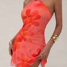 ghadjgyjad  Vestido mini con estampado floral y cuello halter con lazo, adecuado para vacaciones, citas y salidas - Rosa - Ver 6