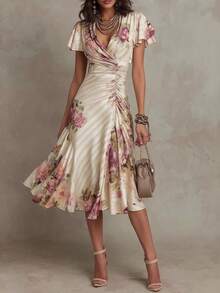 Elegante vestido midi vintage de mujer con estampado floral, escote en V y mangas con volantes, vestido veraniego informal de corte A en tejido tejido. - Blanco - Ver 1