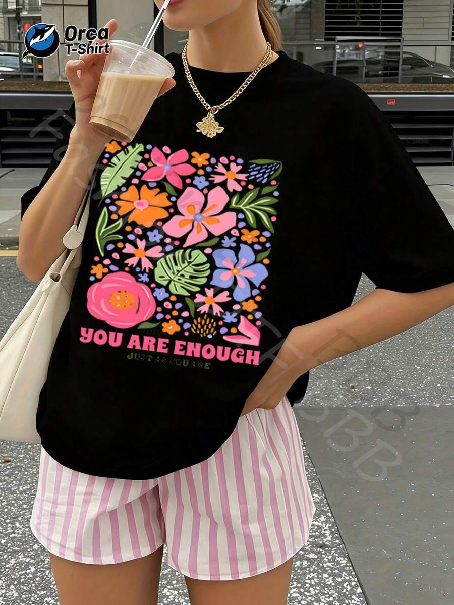 1 Piece Of Women's Casual Short-Sleeved T-Shirt, 100% Cotton, With Vintage Red And Blue Floral Print, Ideal For Daily Outings, Home Use Or As A Gift For Women. - 黑色 - 查看 1