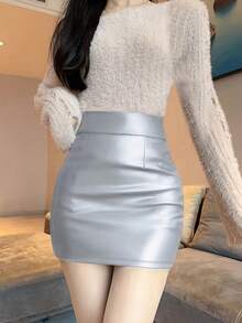 Small Brown PU Short Skirt, High-Waisted, Fitted, Hugging The Buttocks, Simple Fashion - 銀灰 - 查看 3