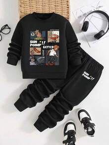 Young Boy Cartoon Pattern Crew Neck Sweatshirt And Sweatpants Casual Set - Black - View 1