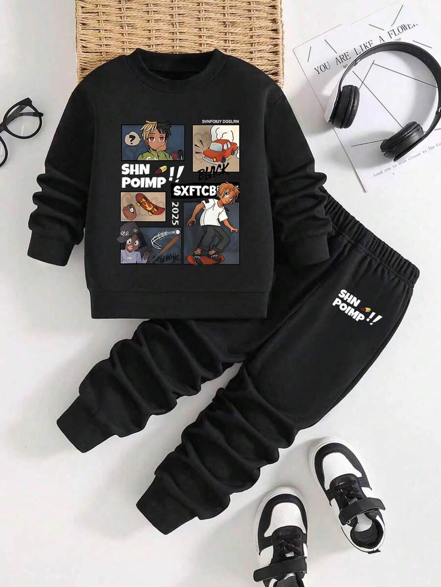 Young Boy Cartoon Pattern Crew Neck Sweatshirt And Sweatpants Casual Set - Black - View 1