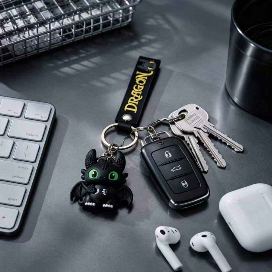 MINISO How To Train Your Dragon Toothless Black Dragon Keychain, Cute Dragon Mini Figure Bag Charm With Black Lettering Webbing And Metal Key Ring, Backpack Handbag Car Key Accessory, Back To School Gift - Style 2 - View 1