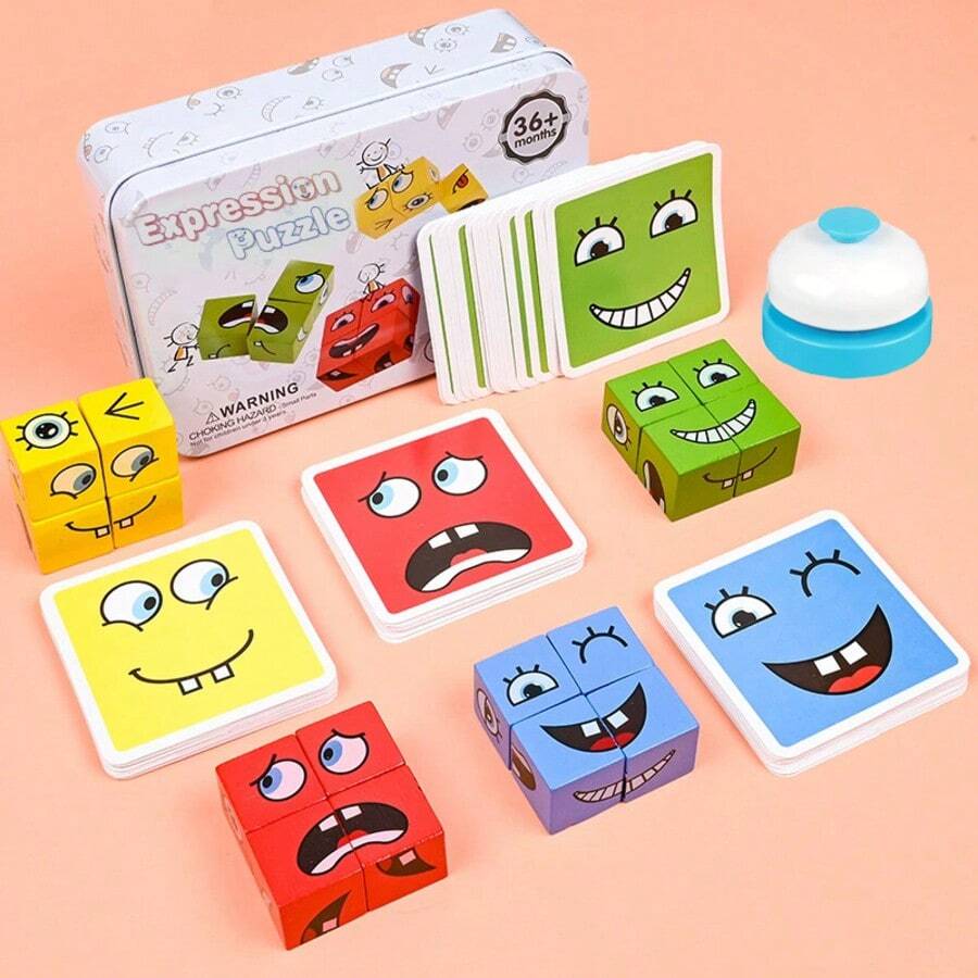 1set Building Blocks Wooden Puzzle Game Smiling Face Desktop Game Emoticon Board Games - 彩色 - 查看 1
